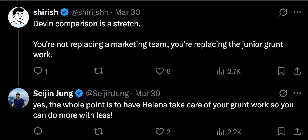 Tweet exchange — Devin comparison QT and Seijin's reply