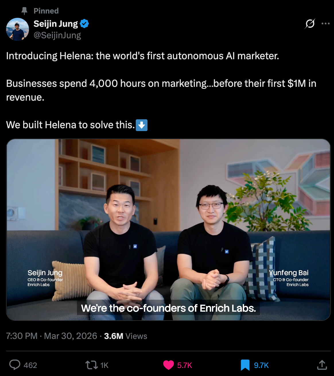 Seijin Jung's pinned launch tweet — 3.6M views